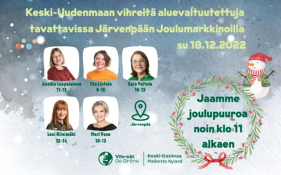 Keski-Uudenmaan vihreitä aluevaltuutettuja tavattavissa Järvenpään Joulumarkkinoilla su 18.12.2022