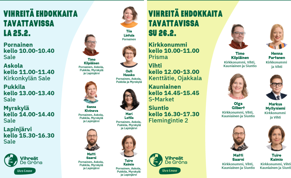 Uudenmaan Vihreiden eduskuntavaalien kampanjakiertue alkaa 25.2.-26.2.