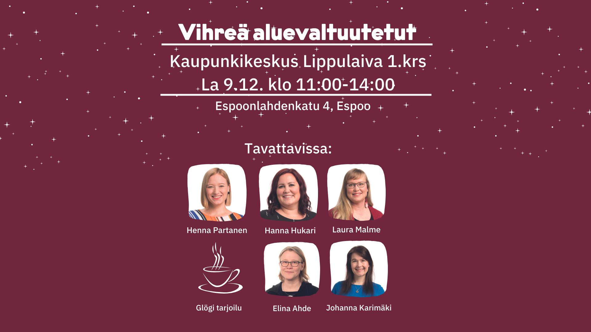 Tervetuloa Glögihetkeen Länsi-Uudemaan aluevaltuutettujen kanssa Kaupunkikeskus Lippulaivaan 9.12.