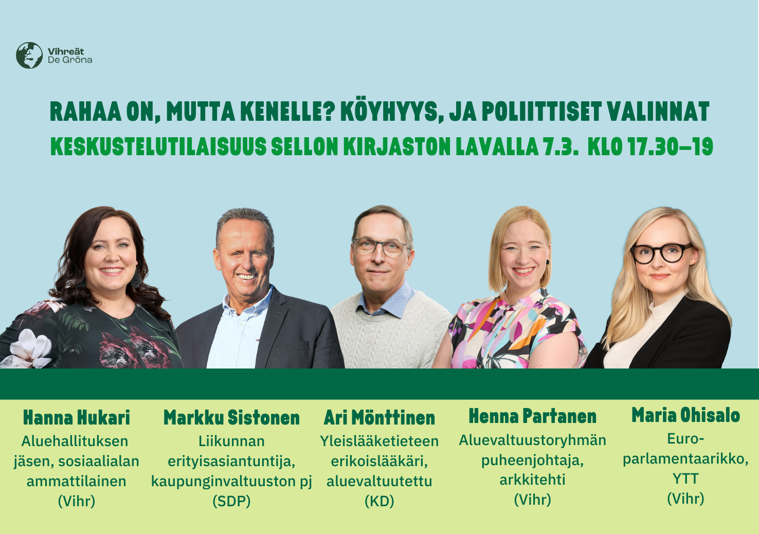 Keskustelutilaisuus köyhyydestä Espoossa 7.3 – mukana myös Maria Ohisalo